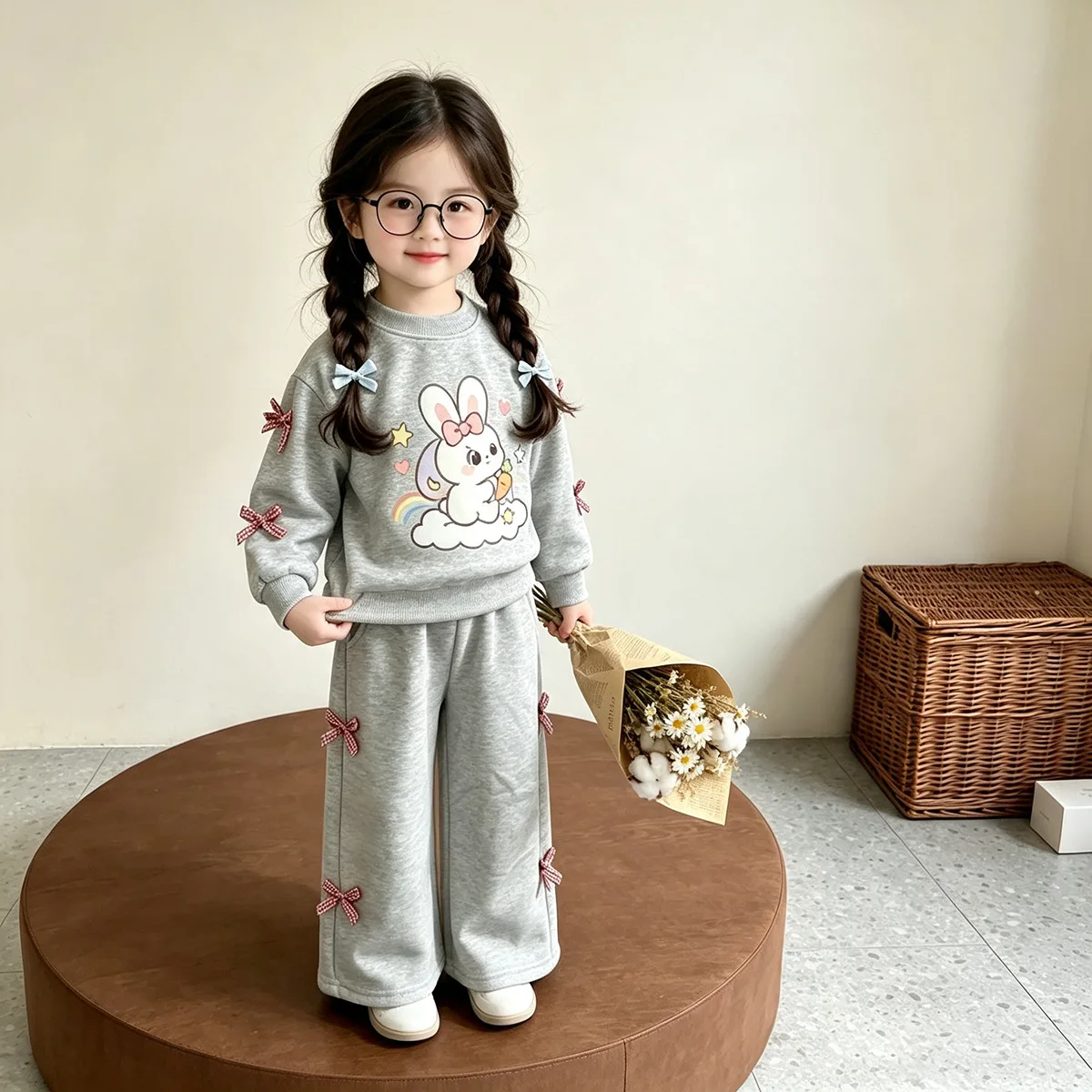 Mädchen Cartoon-Häschen-Sweatshirt & Weitbein-Hosen-Set – 2-teiliges Outfit im koreanischen Stil für ältere Kinder, Frühling Herbst Casual – Detail 4