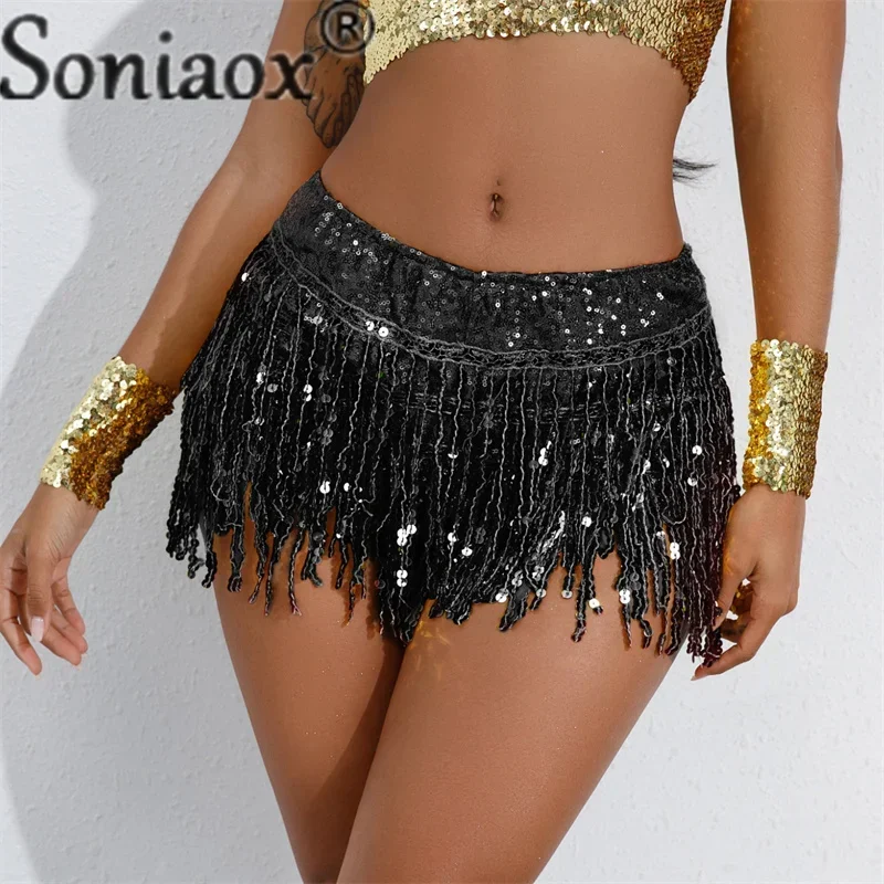 Fashion Tassel Sequin Decoration Shorts Ladies Stage Performance Clothes Latin Dance Skirt Solid Color Women's Bar Wear 2023 New