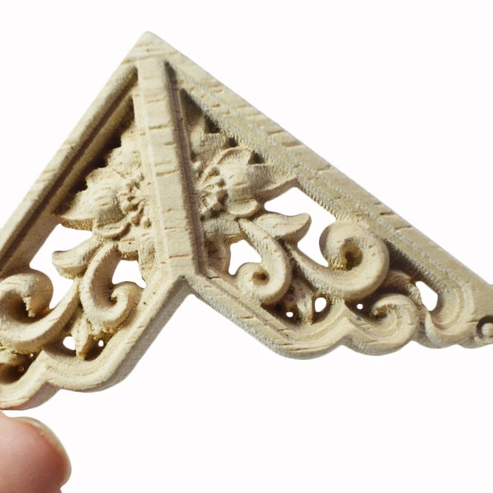 Vintage Unpainted Wood Carved Decal Corner Applique Frame for Home Wall Cabinet Door Decorative Wooden Miniatures Craft