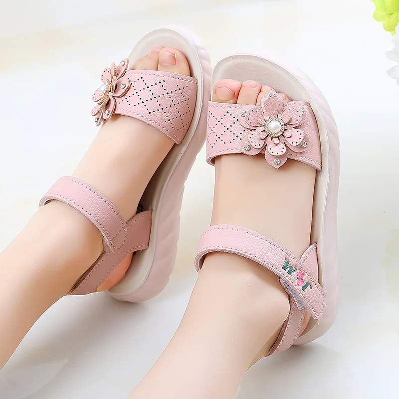 Girls Sandals 2023 Summer Children Shoes Soft Soled Non-slip Kids Flower Pearl Beach Shoes Fashion Princess Sandals босоніжки