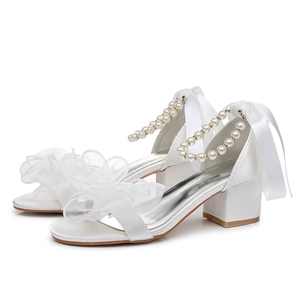 

Summer new round toe silk pearl chain lace bow square heel wedding shoes banquet large size thick high-heeled women's sandals