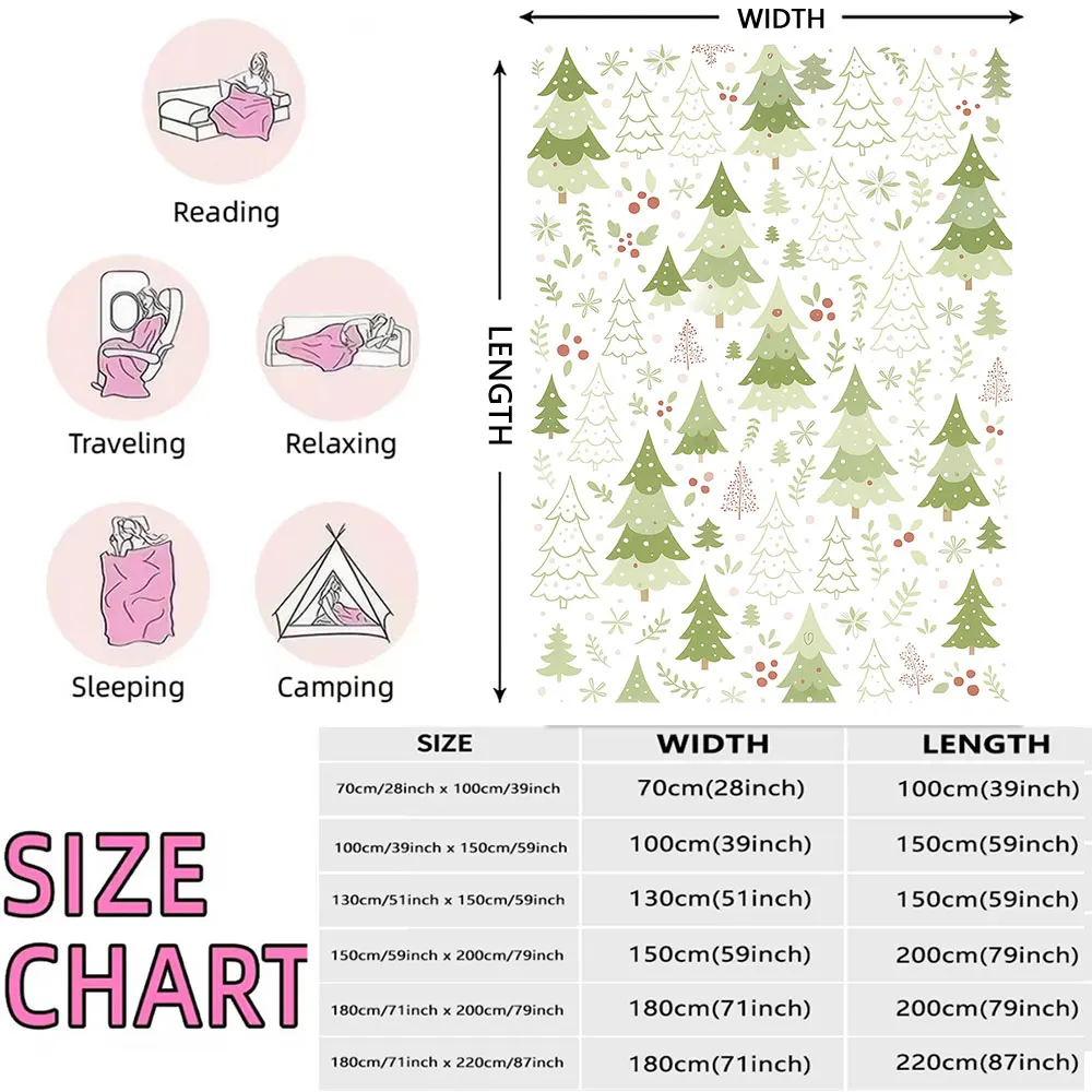 1pcs 230g flannel blanket with a Christmas-themed green pine tree pattern, soft and comfortable to use.