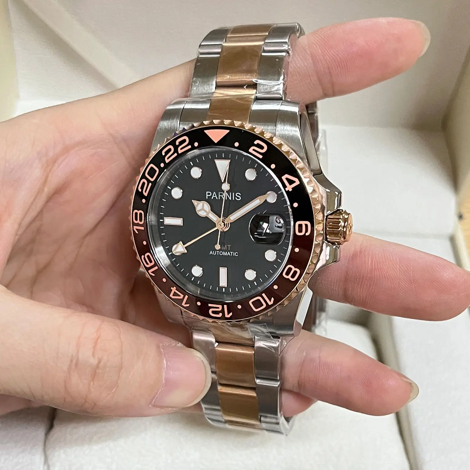 Imagem -02 - Nova Moda Parnis 40 mm Rosa Ouro Automático Relógios Mecânicos Gmt Safira Homem de Cristal Relógio Esportivo à Prova Impermeável Água Presente