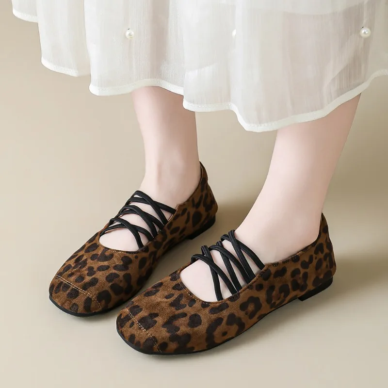 Fall women's ballet flats, comfortable stitched velvet surface square-toe Mary Jane elastic cross-straps retro fashionable shoes