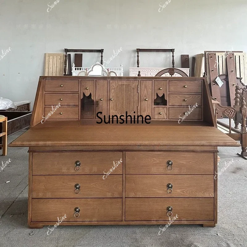 YFrench retro solid wood desk, study desk, wabi-sabi office