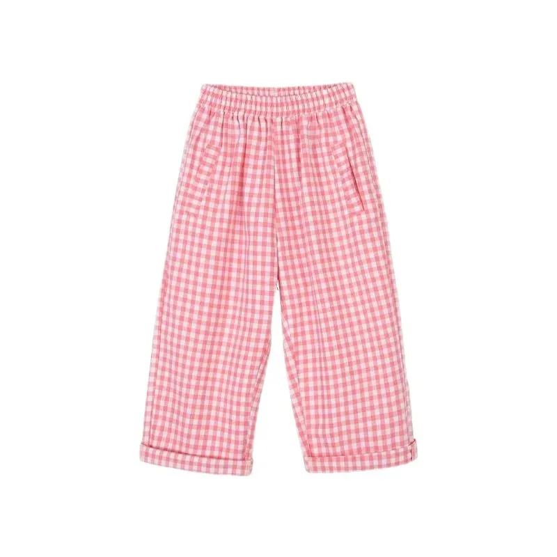 2024 New Style Korean Style Casual Pants for Children and Babies Fashionable Trousers Pink Plaid Pants for Girls Korean Version