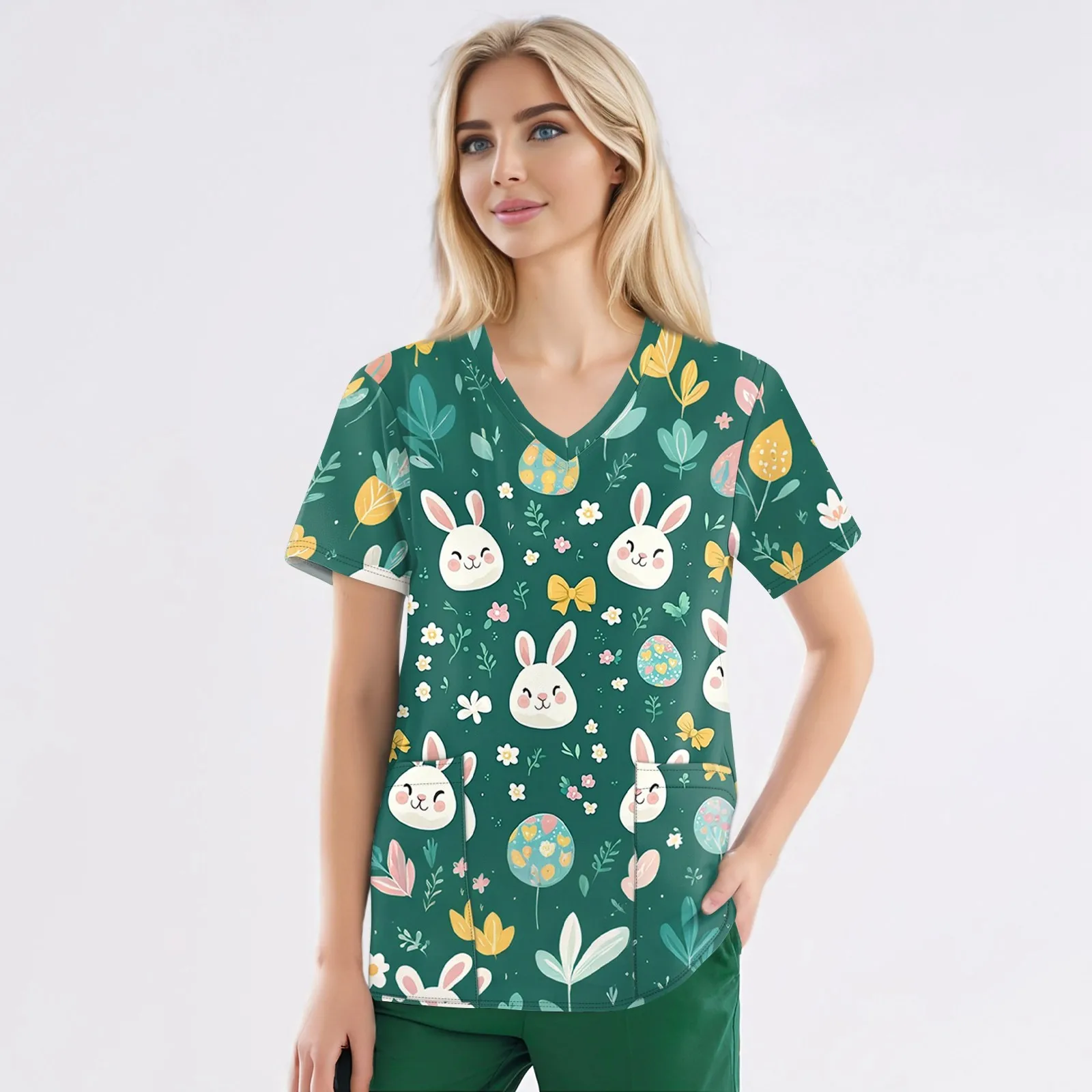 Nursing Uniform Women Scrubs Tops Easter Day Cartoon Print Short Sleeve V Neck Holiday Pattern Nursing Uniforms Workwear