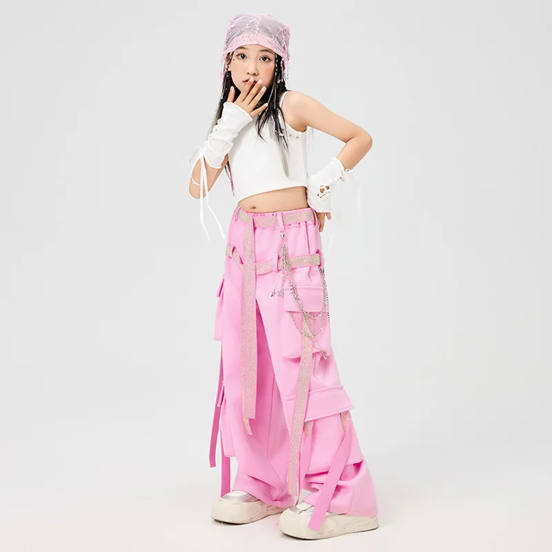 

Kid Kpop Hip Hop Clothing White Rivet Crop Tank Pink Beads Strap Multi Pockets Strap Cargo Pants for Girl Dance Costumes Clothes