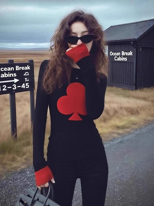 

Black Mermaid Knitted Base Shirt Women's Long Sleeve Slim Fit Design Sense Inner Wear T-Shirt Top for Autumn Winter