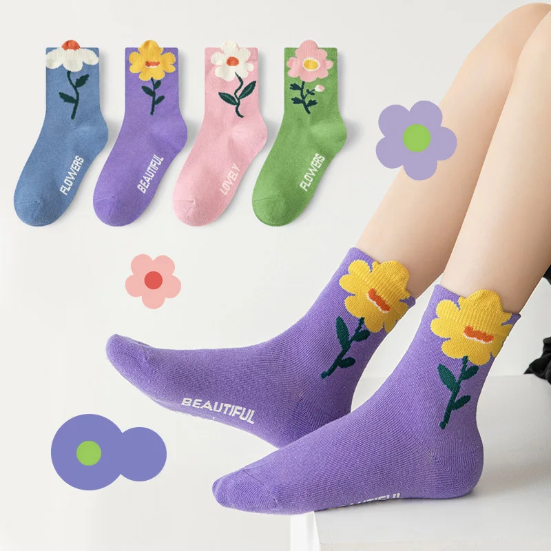 4 Paar Mädchensocken mit niedlichem Blumenmuster in Bonbonfarben, bequeme, atmungsaktive Kindersocken – Detail 4