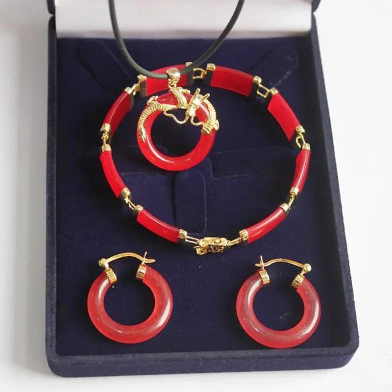 

Green Red Natural Stone Dragon Pendant Necklace Earrings Bracelet Lucky Jewelry Sets For Fashion Women Girls Wedding Gift Party