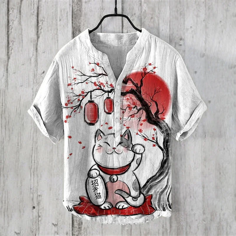 men's v- neck Henry shirt Fashion Design Art illustration 3d printing shirts Male Tops Tees Short Sleeve T Shirt For Men