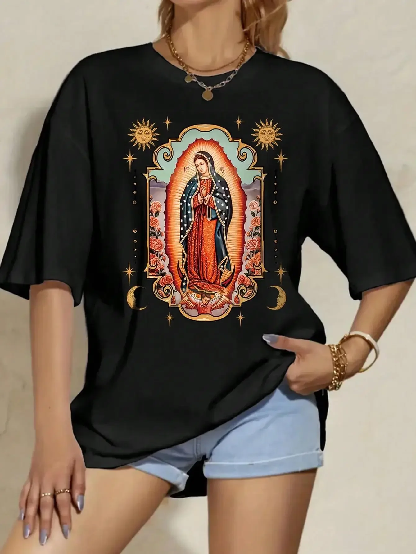 Novelty Women's T-shirt Saint Mary of Guadalupe Print Short sleeve summer comfortable loose top Street fashion women's clothing