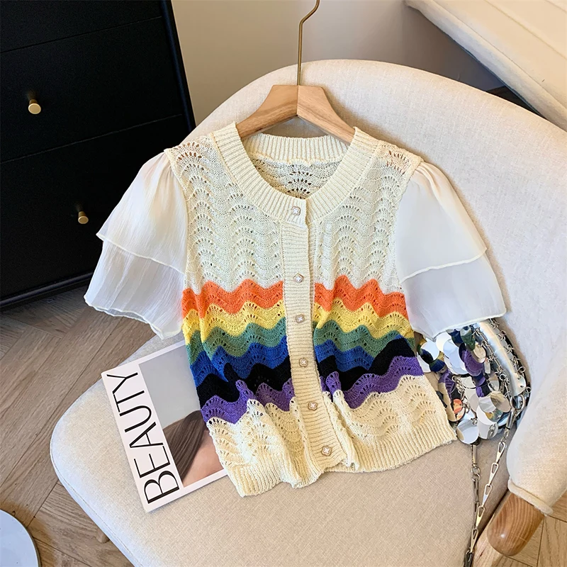 

Casual rainbow wave design contrast color puff sleeve pullover summer short sleeve women fashion hollow knitted thin top T-shirt