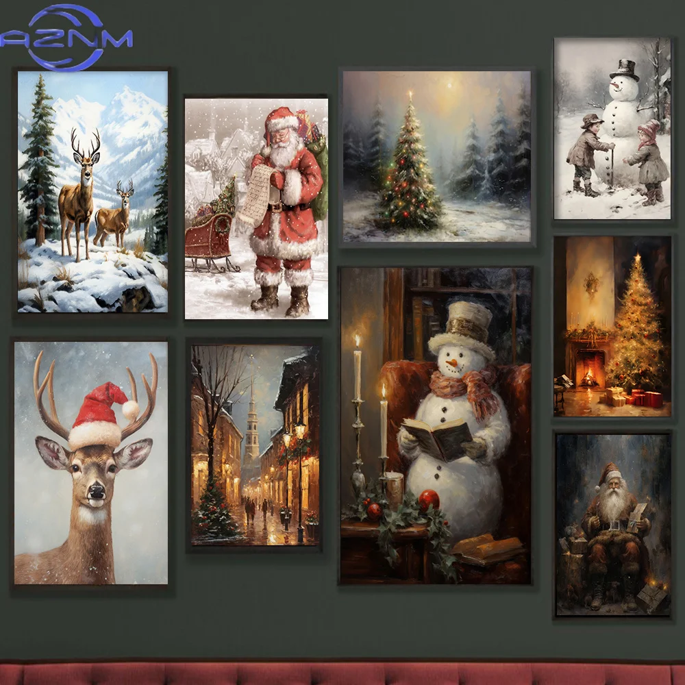 Santa Claus Elk Canvas Prints Country Farmhouse Snowman Winter Landscape Holiday Wall Art Poster Modern Living Room Home Decor