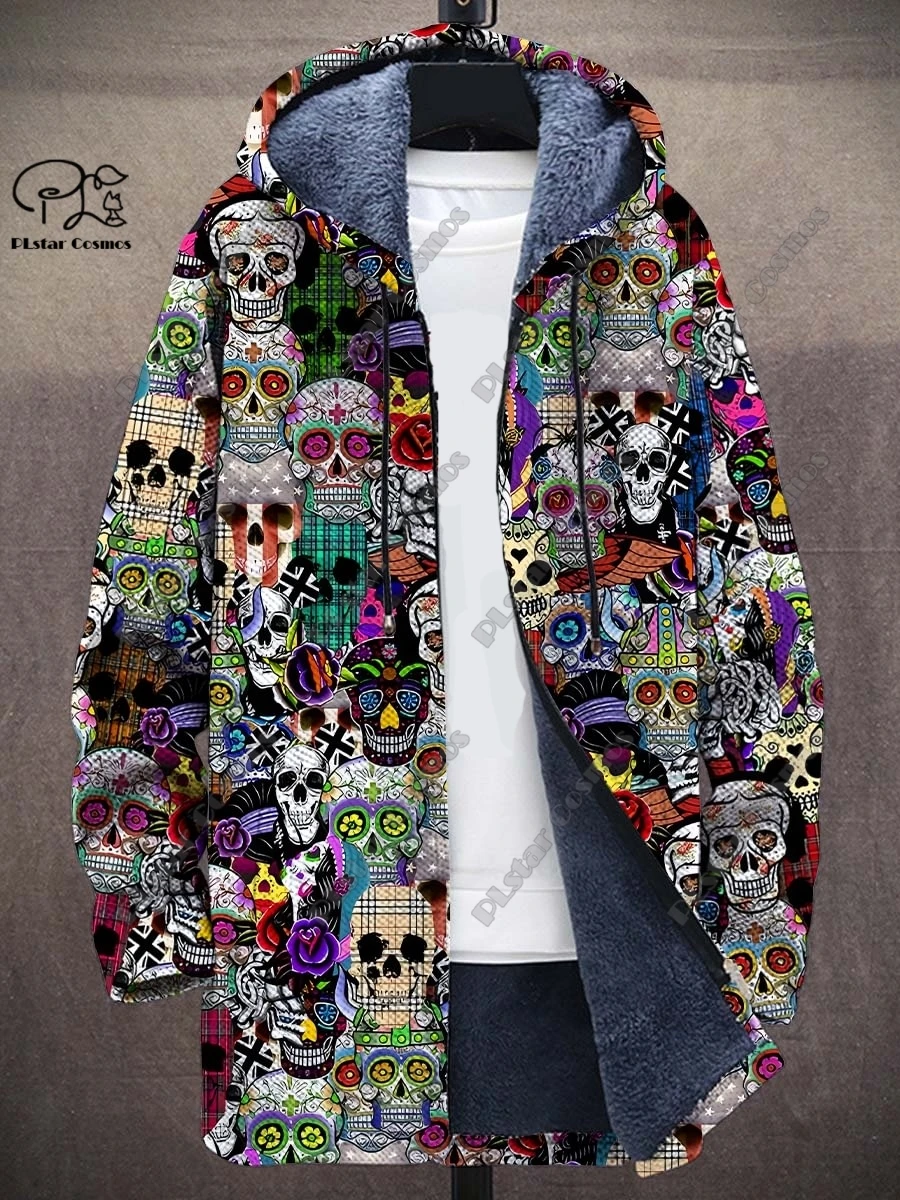 New 3D printing retro abstract art multi-color winter hooded zipper coat men's women's fleece universal casual warm jacket D-11