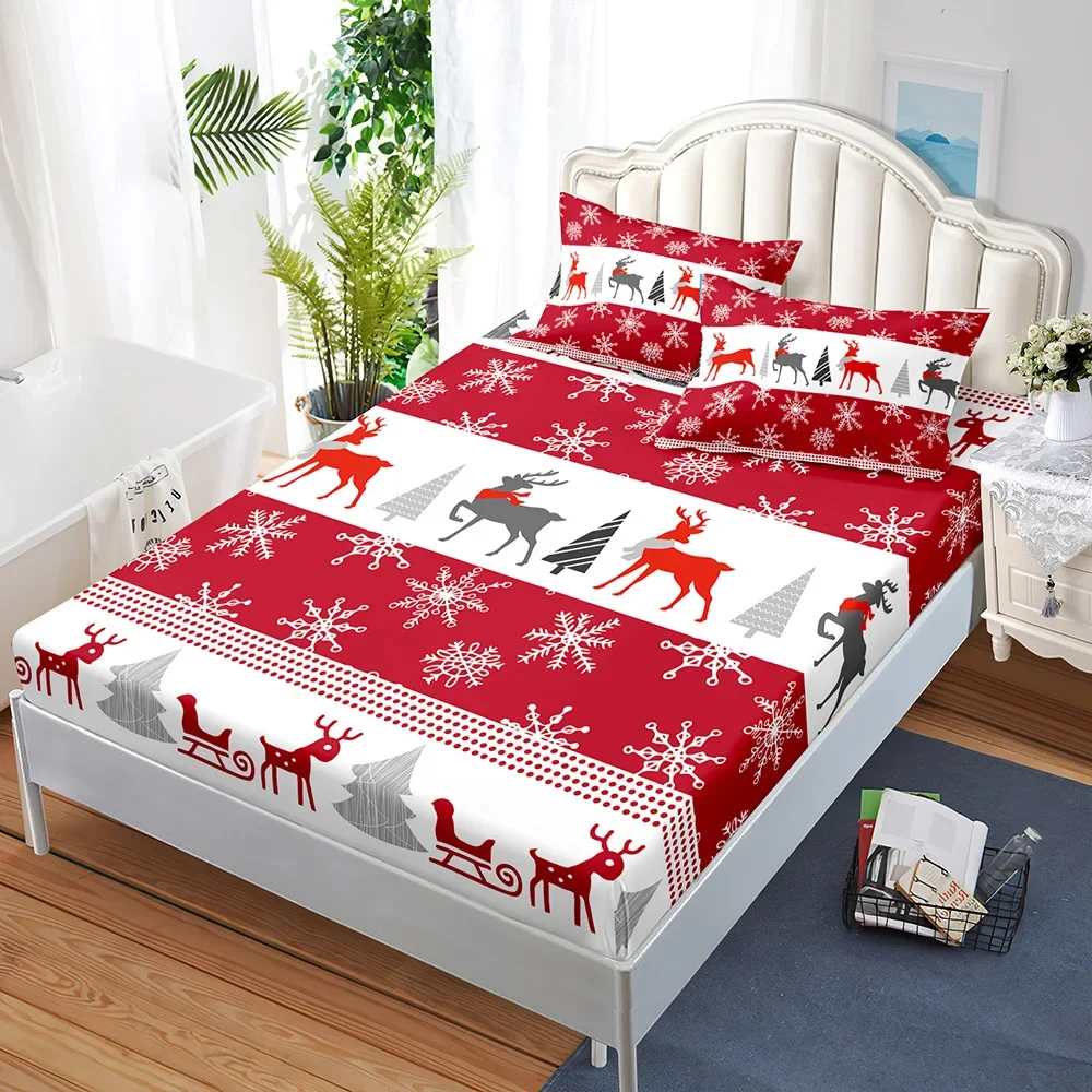 Simply Christmas Printed Fitted Sheet Snowflake Elk Polyester Elastic Band Mattress Cover Pillowcase Fashion Bedroom Decor