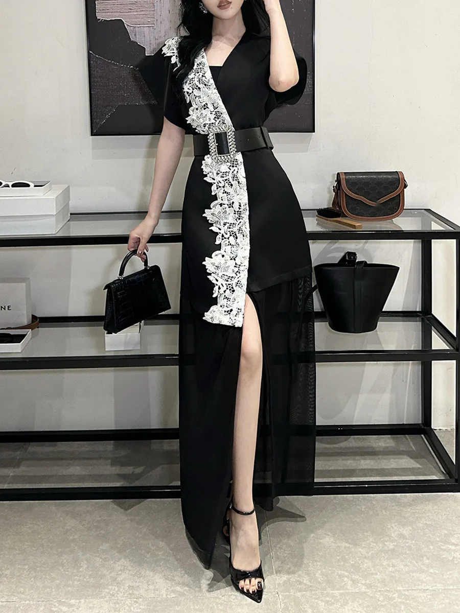 TWOTWINSTYLE ตีสี Slimming Spliced Lace Elegant ชุดผู้หญิง V คอแยก SHEER Patchwork ตาข่ายชุดหญิง