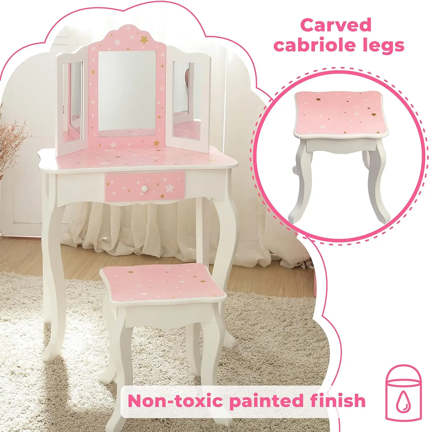 2-Piece Kids Wooden Play Vanity Set with Vanity Table,Storage Drawer,and Matching Stool,White with Pink and Gold Star Accent