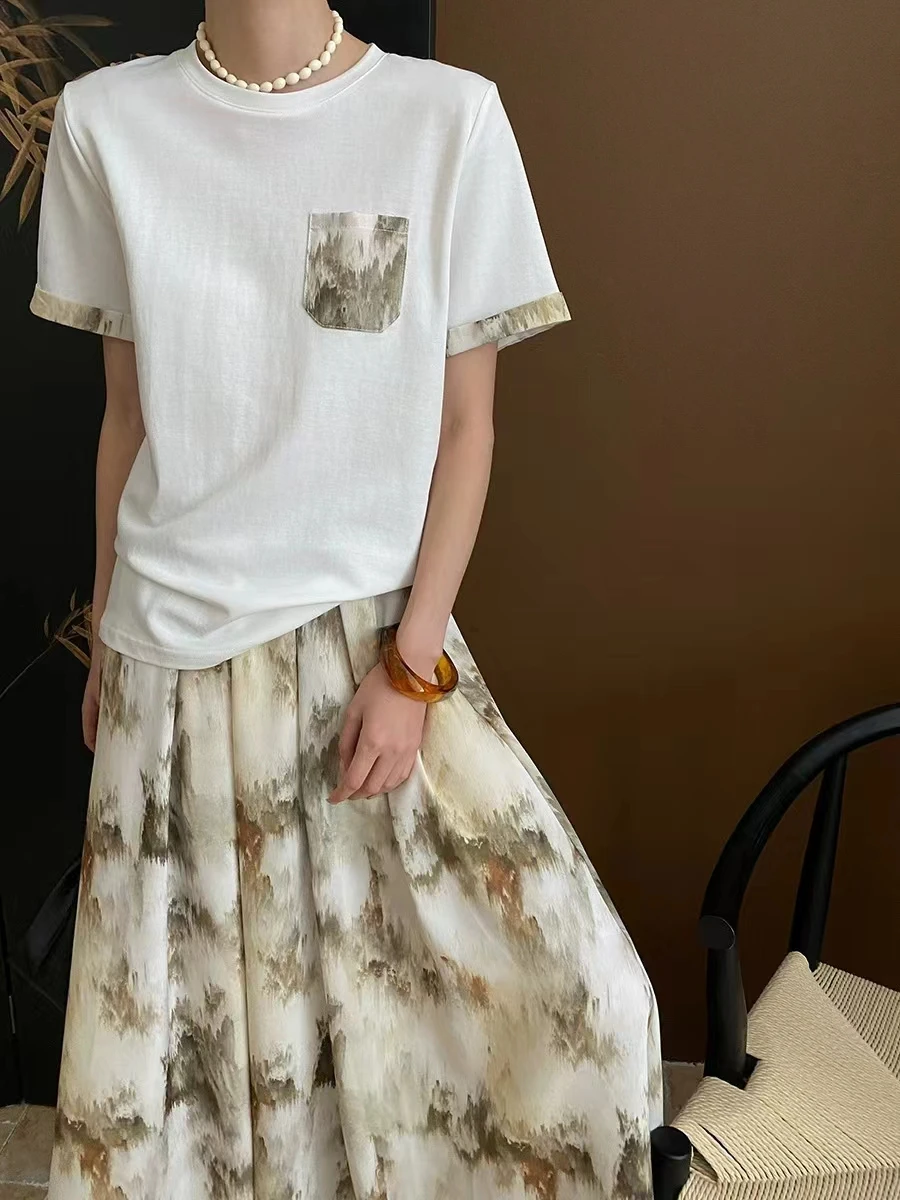 New Chinese Ink Wash Printing Design Elegant Curled Edge Single Pocket Short Sleeved Skirt Set