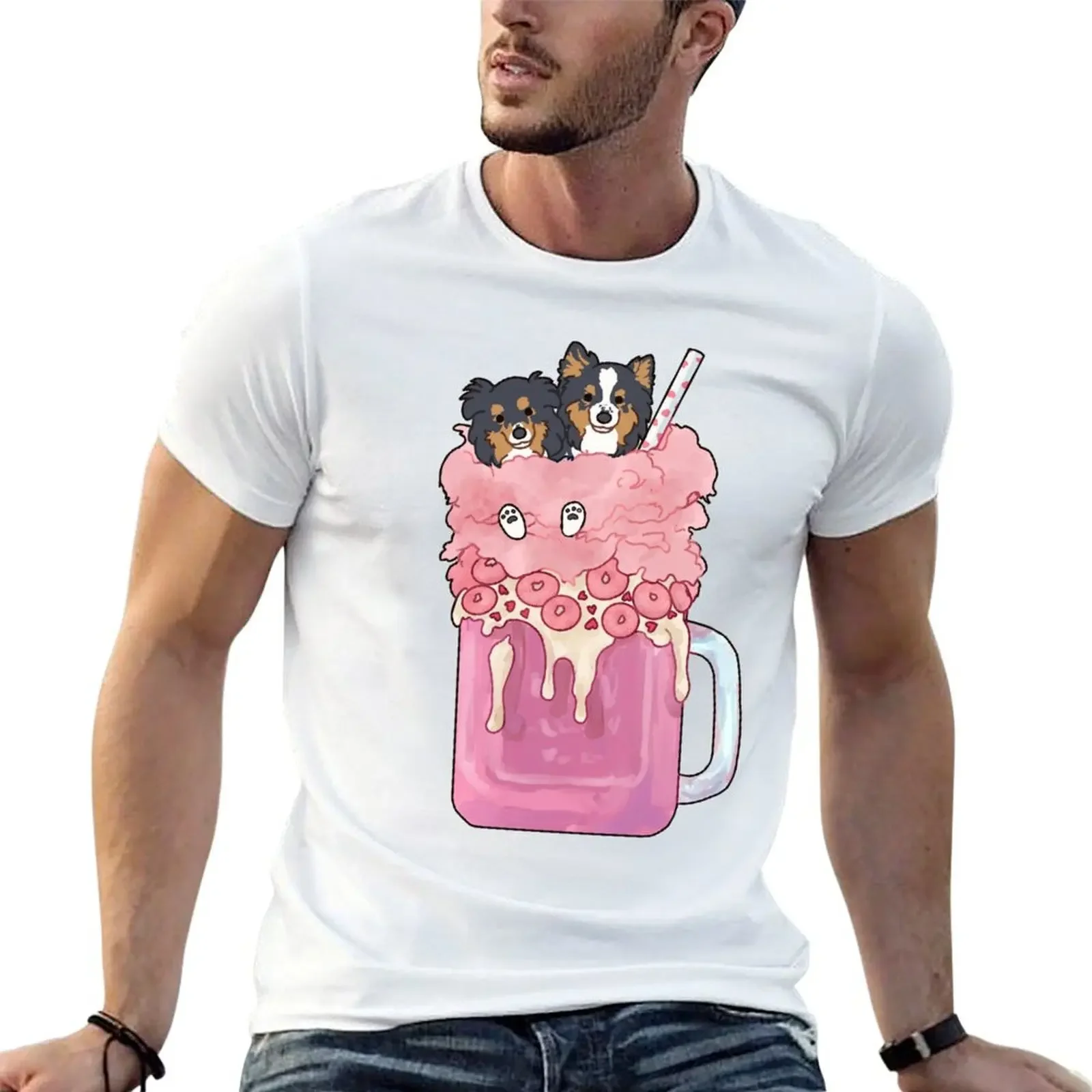 

Shetland sheepdogs in Cotton candy pastel pink milkshake T-Shirt tshirts personalised shirts graphic mens designer t shirt