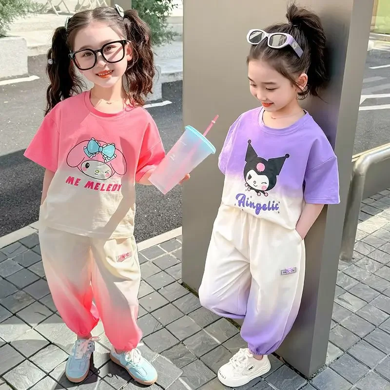 

Sanrio My Melody Girls Short Sleeve Set Anime Kawaii Kuromi Tops Summer Sweet Cute Casual Pants Babys Clothes Tide Gift for Kids