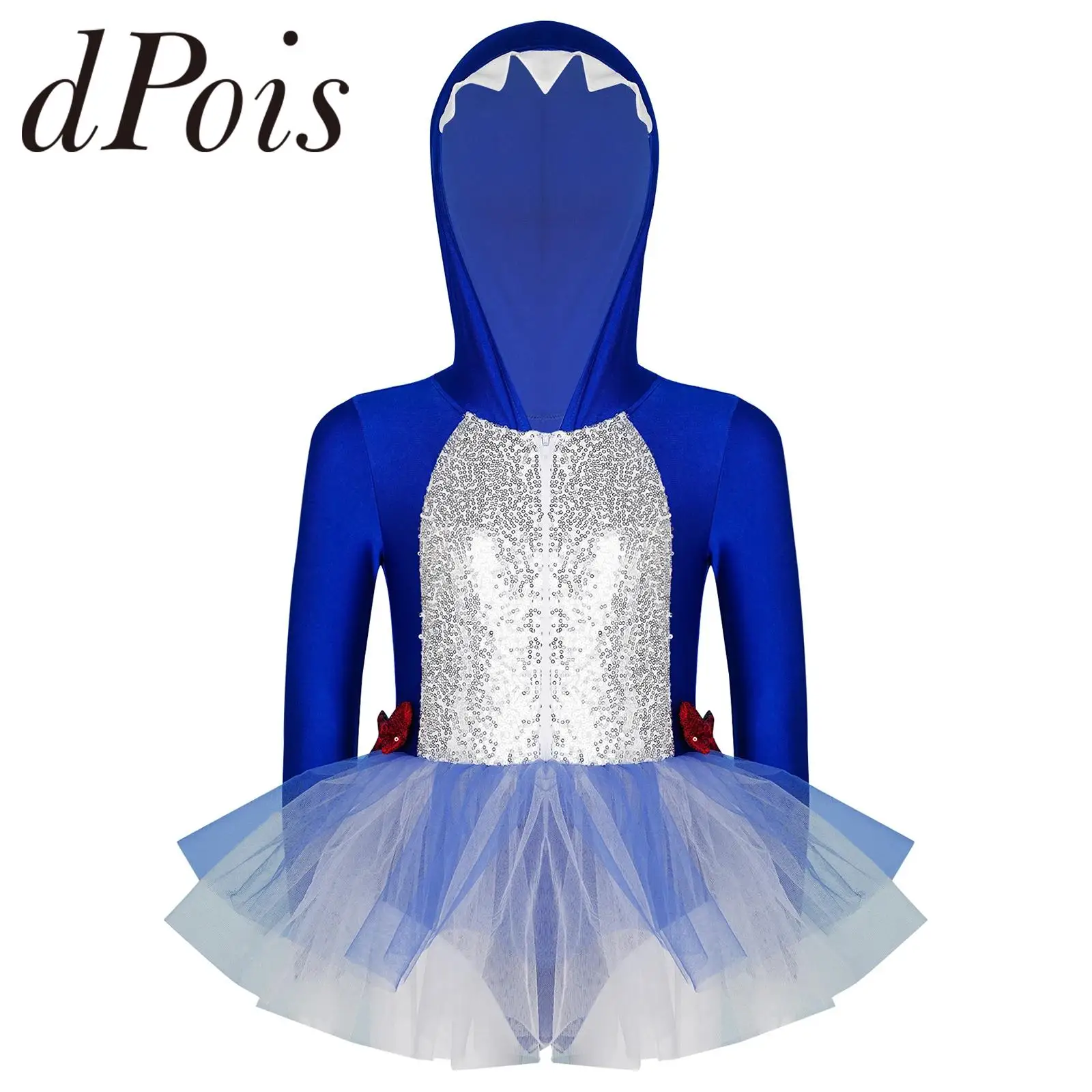 

Kids Long Sleeve Sequin Hooded Tulle Tutu Dance Dress Halloween Animals Theme Party Fancy Dress Girls Shark Performance Costume