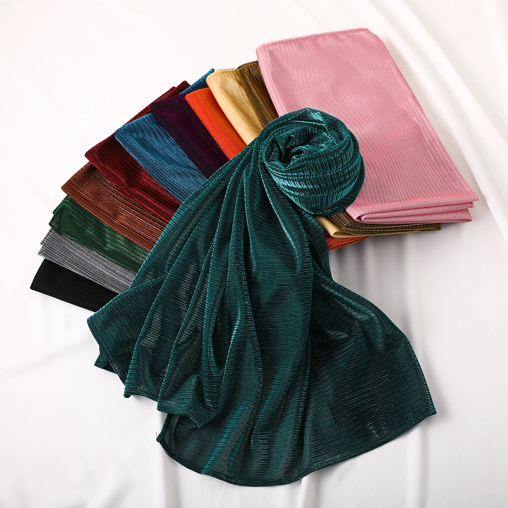 Women Glitter Shimmer Cloth Hijab Plain Soft Breathable Thin Crepe Crinkle Hijabs