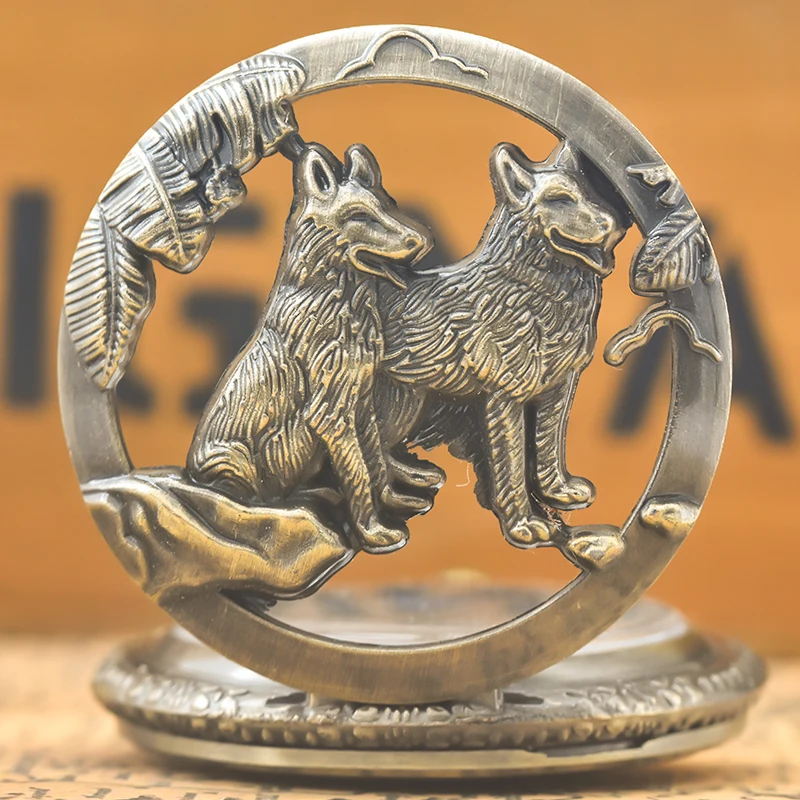 Steampunk jam tangan saku Quartz hewan serigala potongan perunggu Vintage kalung jam liontin rantai hadiah Pria Wanita