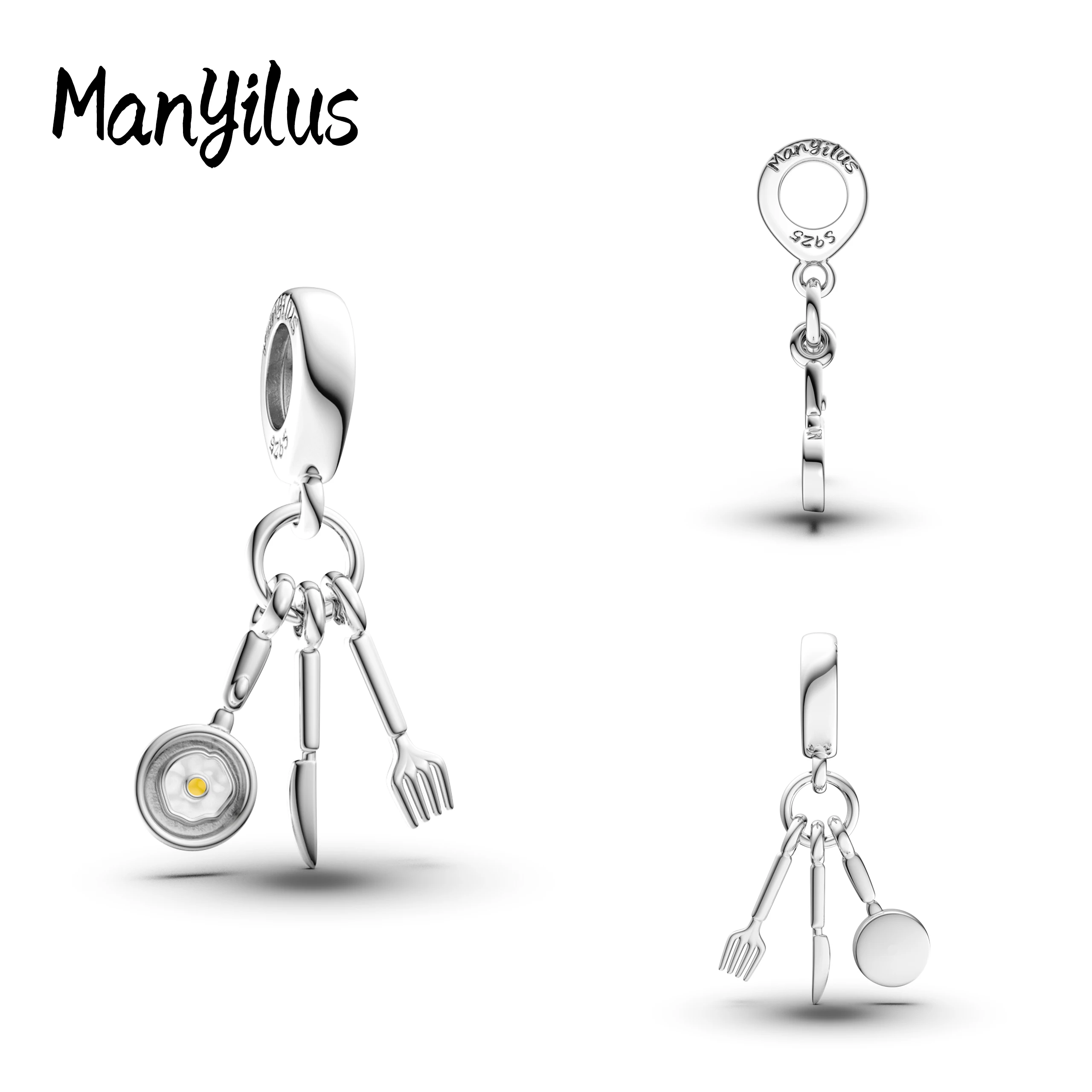 

Manyilus Hot Sale EFork, Knife And Fried egg Charms S925 Sterling Silver 99cents Items Beads For Original Bracelet Charm Silver