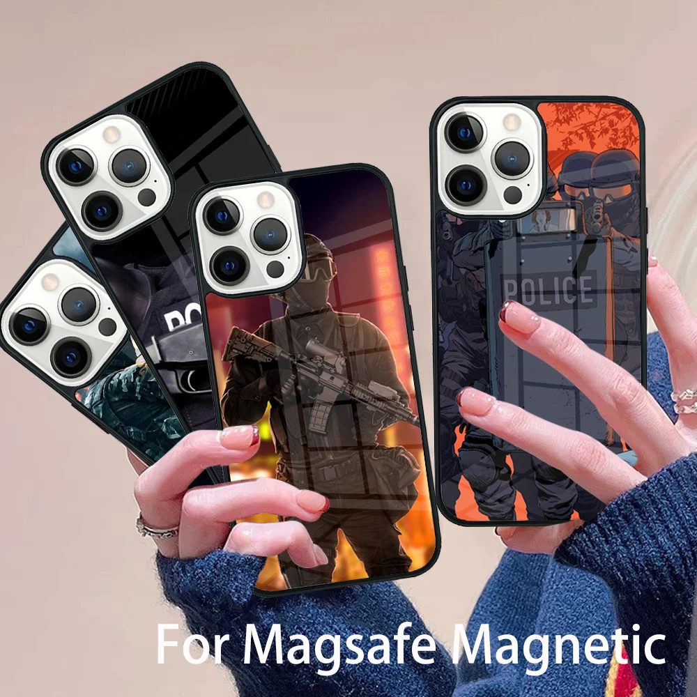 

Police SWAT FBI Phone Case Magesafe Magnetic Wireless Charge Cover For IPhone 16 11 12 13 14 15 Pro Max Plus Mini