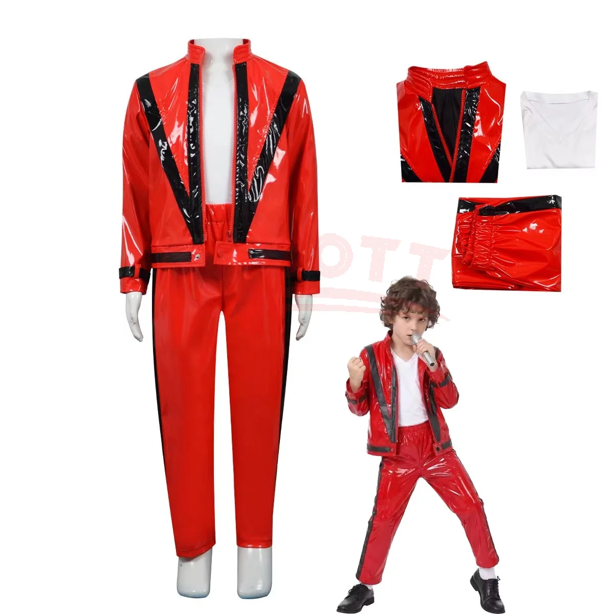 MJ Michael Jackson Thriller Kids Costume Red Black Leather Jacket Pants Boys Halloween Stage Cosplay Outfit