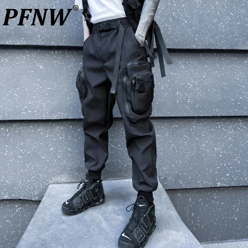 PFNW Elastic Waist Pencil Pants For Men Simple Darkwear Black Cargo Pants Tide Multi Pocket Spliced Design Trousers Tide 12A8133