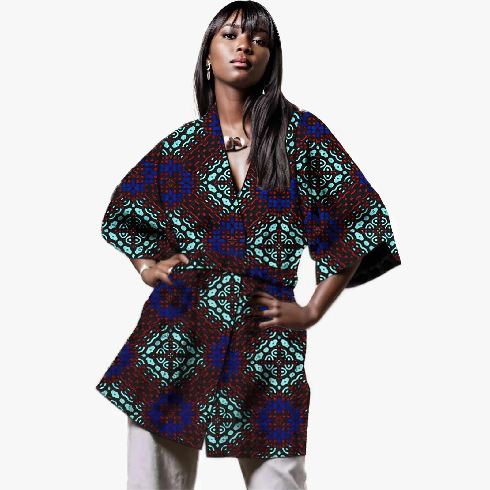 

Customize Women's Loose Jacket African Couture Female Ankara Print 3/4 Sleeve Coat Printed Fashion Overcoat With Belt