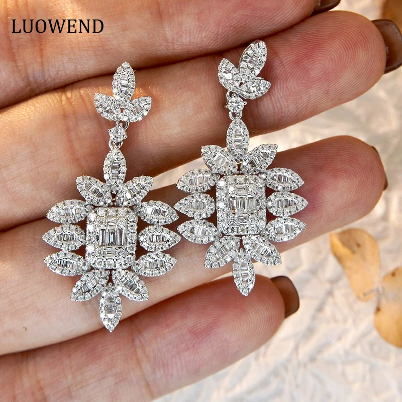 

LUOWEND 18K White Gold Earrings Luxury Shiny Design 2.4carat Real Natural Diamond Drop Earrings for Women Senior Banquet