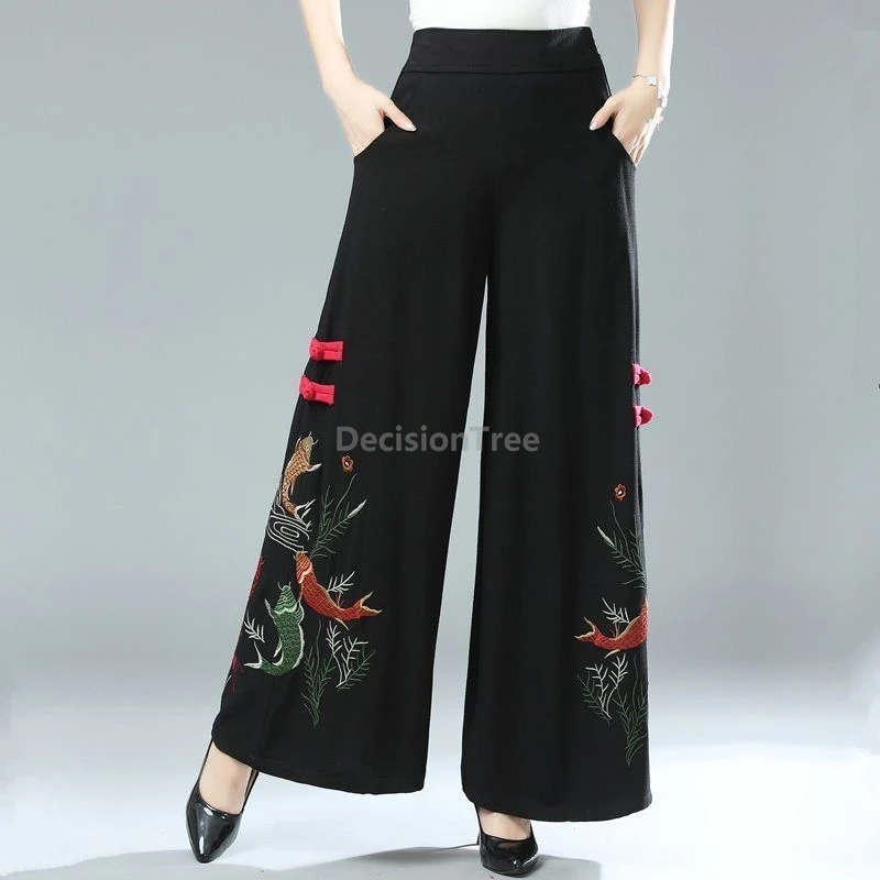

2025 cotton linen embroidery chinese style wide leg pants ethnic style luterature art retro trousers trendy loose casual pants