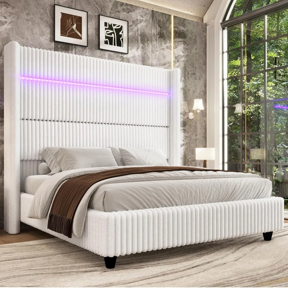 

60" Tall Queen Bed Frame with LED Lights, Faux-Fur Upholstered Platform Bed Frame with Wingback Headboard, Customized