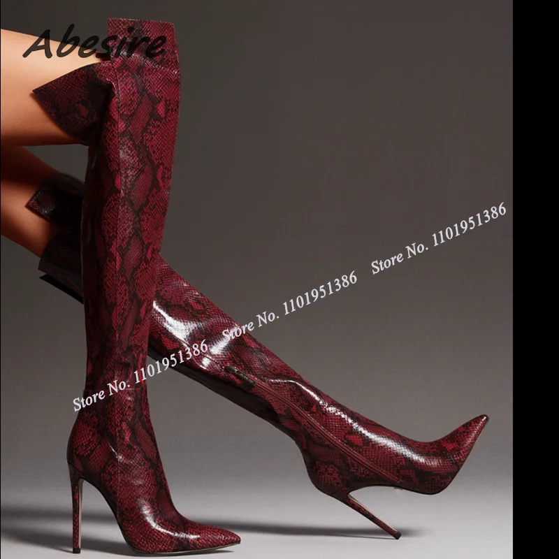 

Abesire Side Zipper Skakeshin Print Boots Over the Knee Pointed Toe Cut Back Stiletto Shoes for Women High Heel Zapatillas Mujer