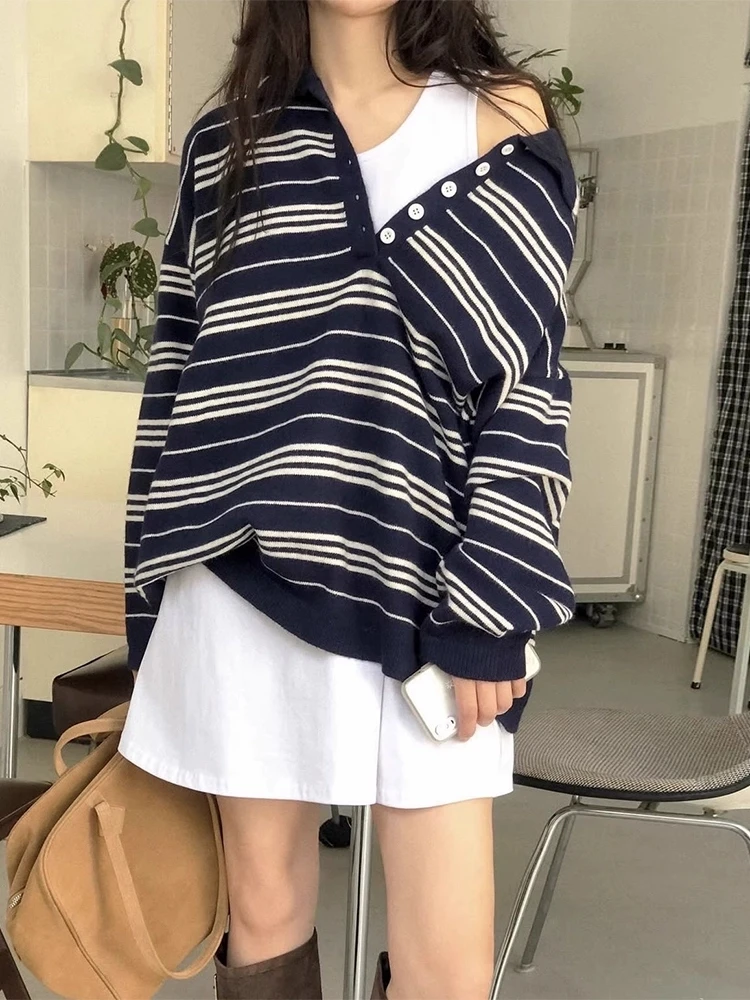 

Винтажный полосатый свитер, женский свободный свитер в стиле Харадзюку, вязаные пуловеры с воротником поло, корейский трикотаж с длинными рукавами, повседневные джемперы, новинка 2025 г.