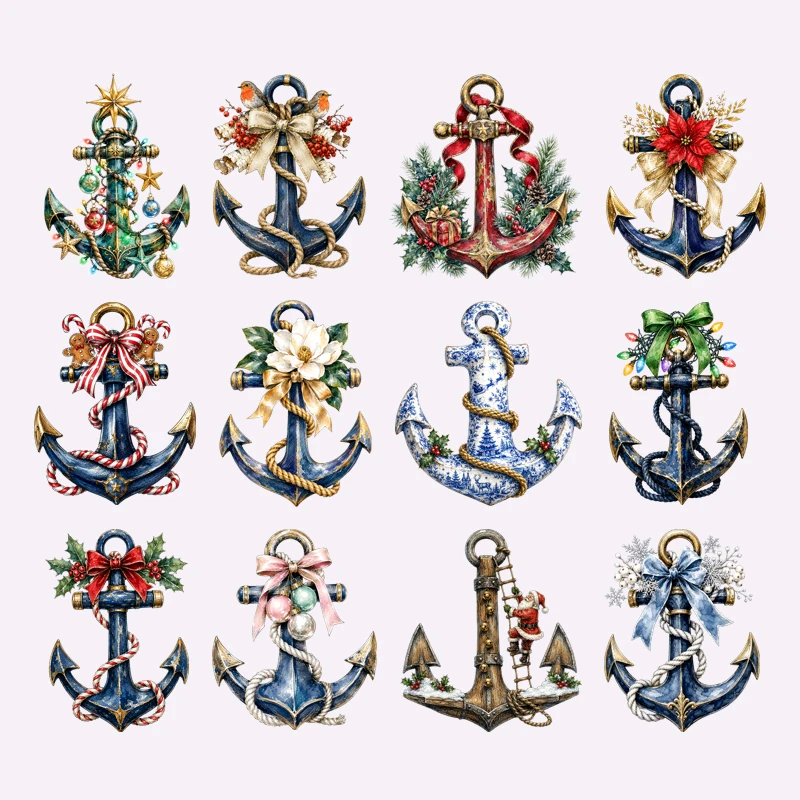 Watercolor Ocean Theme Christmas Anchor Shell Heat Transfer Patches For Clothes DIY Washable Shirt Iron-on Thermal Sticker