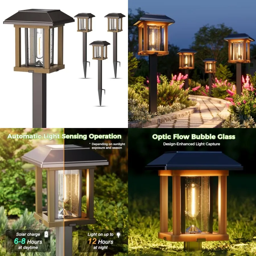 

4-Pack Solar Pathway Lights Outdoor, 25 Lumens Vintage Edison LED Landscape Lighting, IP65 Waterproof Seeded Glass and Metal St
