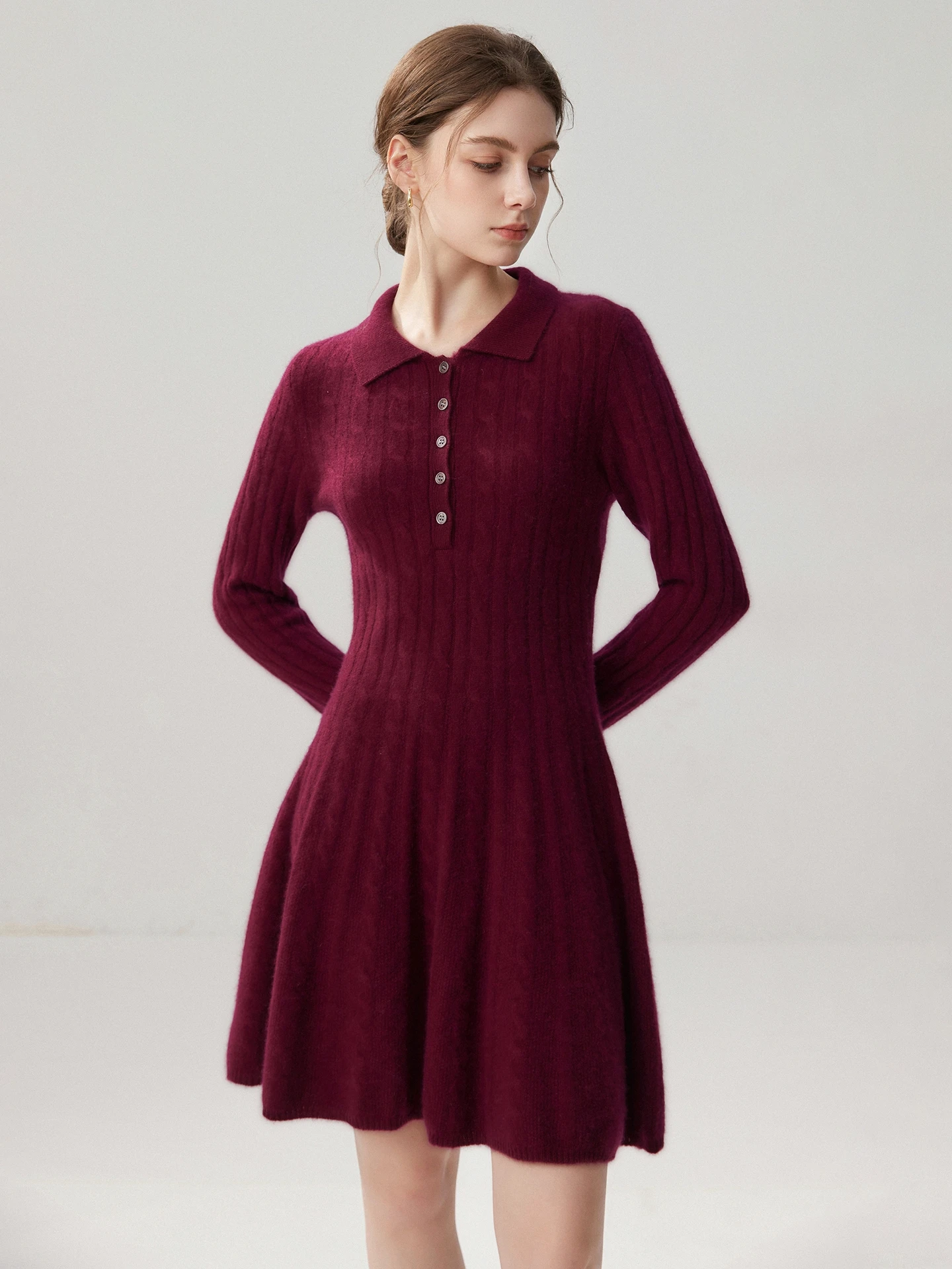 Autumn Winter 100% Cashmere Pullover Dress Women Lapel Collar Twist Flower Button Slim Fit Knee-Length A-line Knit Skirt Fashion