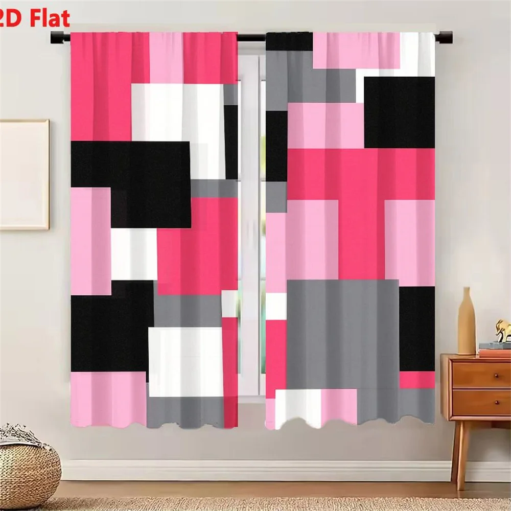 2Pcs Curtains 2D Flat Abstract Geometric Pattern With Pink Black White Gray Squares Rectangles Overlapping Shapes Dynamic Minima
