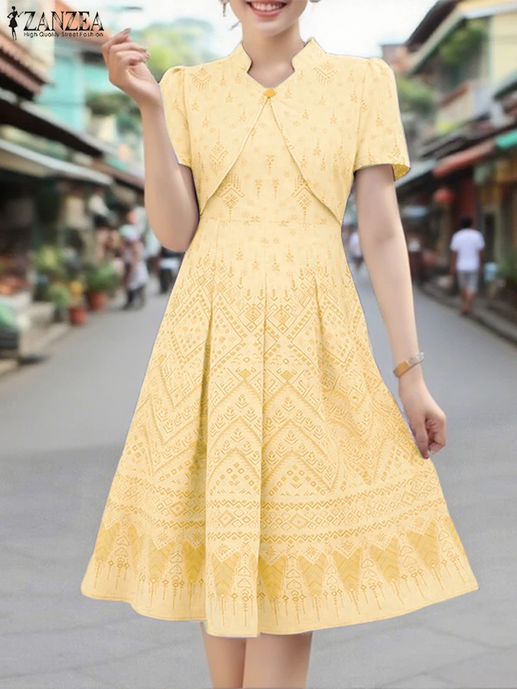 

ZANZEA Women Elegant Office Work Dress Summer Sundress A-Line Short Sleeve Printed Vestidos 2025 Casual Loose Robe Femme