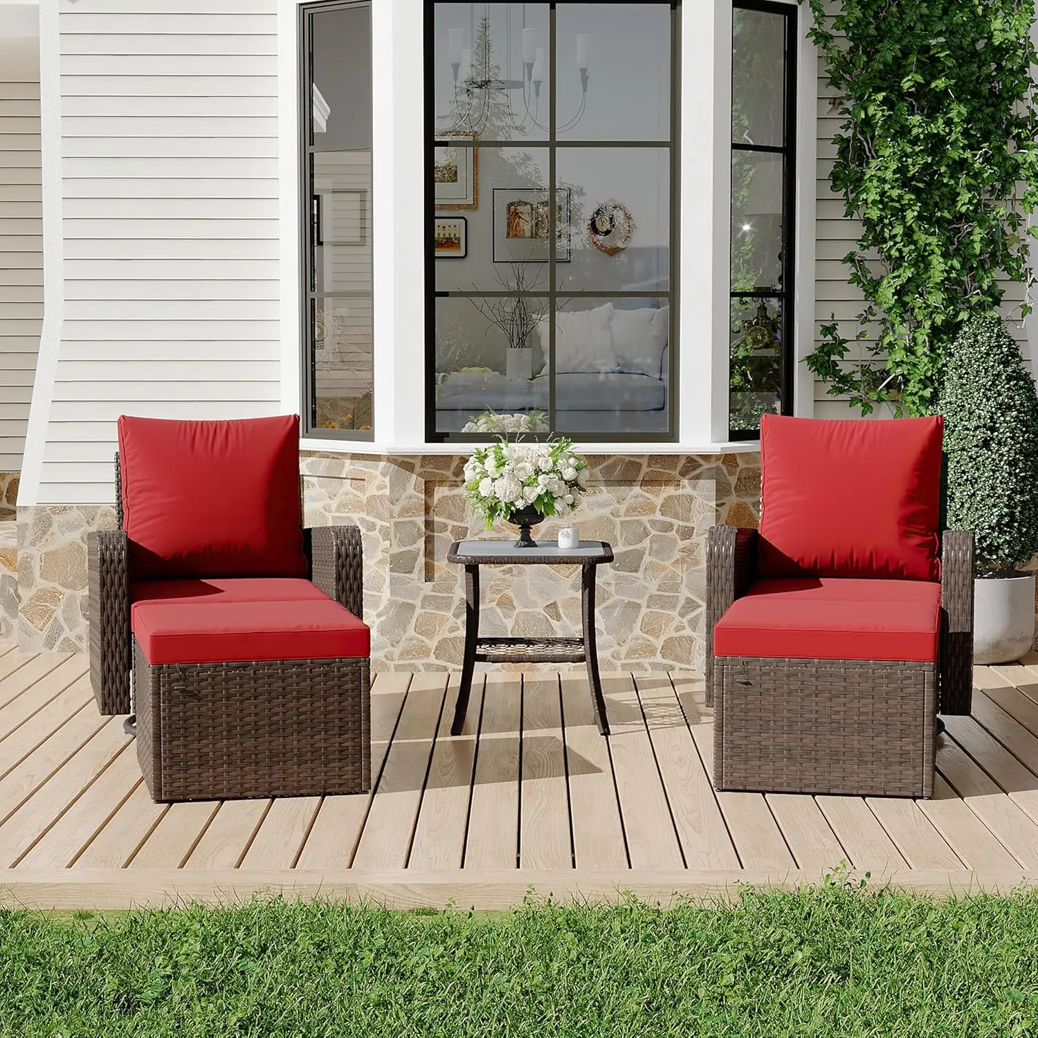 

5 Piece Outdoor Patio Furniture Set-360 Wicker Swivel Chairs Set of 2 w/ 2 Ottoman, Coffee Table & Cushions Patio Bistro Set for