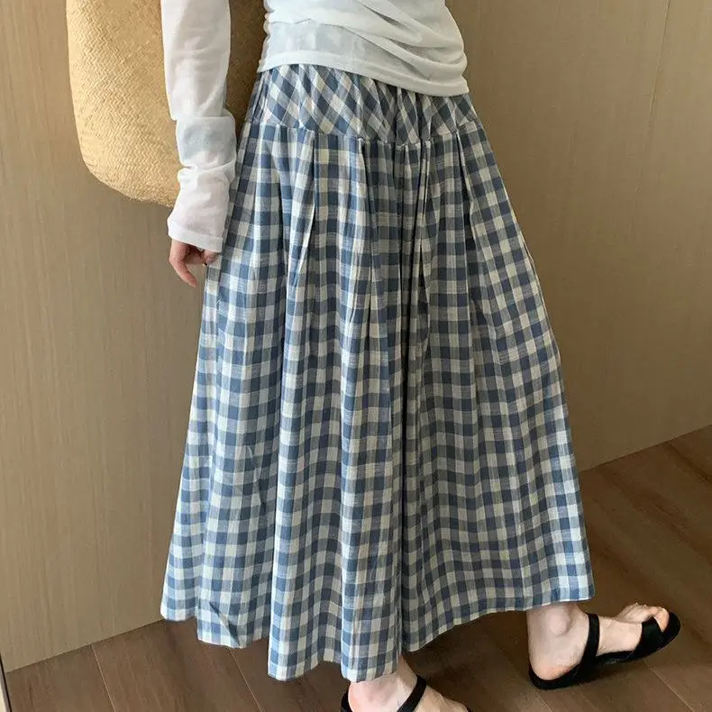 Cotton and Linen Blue High-waisted Plaid Skirt 2026 Summer New Retro Versatile Casual Skirt