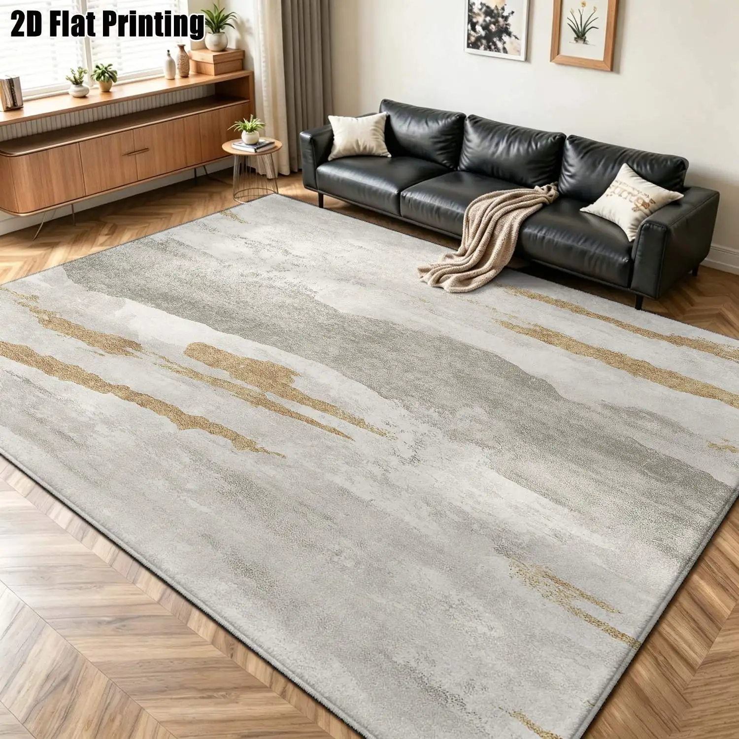 1Pc 2D Printed Carpet: Gray-White-Gold Abstract Texture, Nordic/Instagram Style, Modern Minimalist Vintage Geometric Striped Floor Mat, Home Decor, Multi-Size, Machine Washable, for Entrance, Dining, Foyer, Living Room, Bedroom