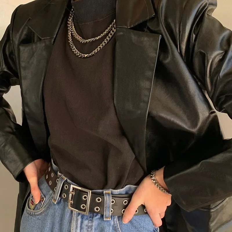 Punk Pu Leather Jacket Women Black Solid Colors Casual Commute Blazers Zipper Button Pocket Coat Female Winter Fashion Outerwear