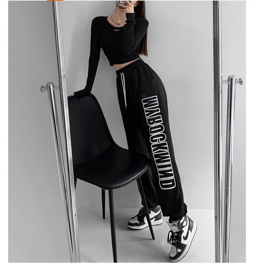 

Plus-size street style letter black sweatpants Hip hop baggy leg pants Spring and autumn slim high street sweatpants