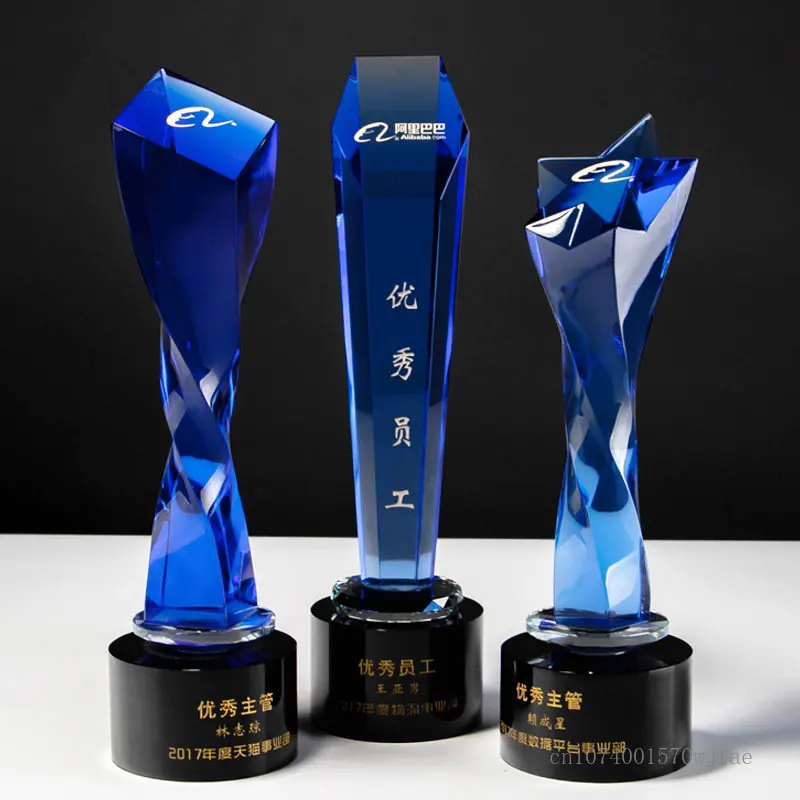 Imagem -03 - Criativo Azul Cristal Troféu Black Crystal Base Troféu Lettering Award Honor Lembrança Presentes Comemorativos Decoração para Casa 1pc